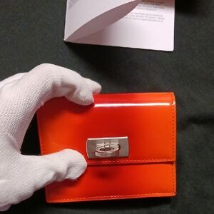 Ferragamo Wallet NWT w/Box & Authentication. Red & Orange Leather Silver Closure